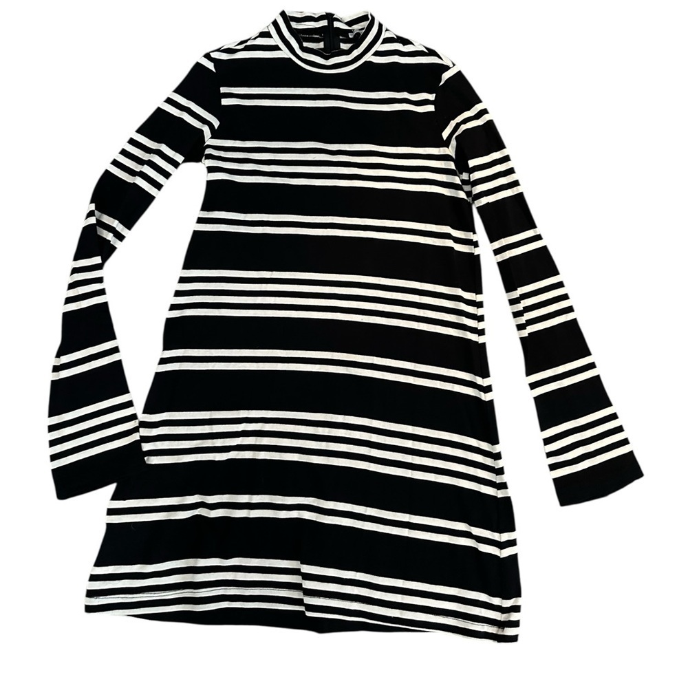 A410 ZARA Trafaluc Black White Stripe Mock Neck Mini Dress sz S Long Sleeve Mod